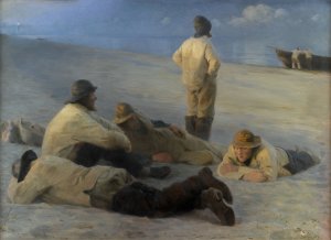 Fishermen at Skagen Beach Oil painting by Peder Severin Kroyer