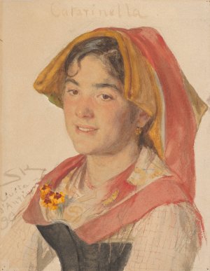 Head of an Girl from Civita d'Antino in Regional Dress by Peder Severin Kroyer Oil Painting
