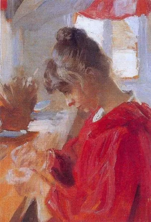 Marie en Vestido Rojo by Peder Severin Kroyer Oil Painting