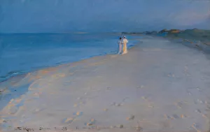 Summer evening at the South beach, Skagen. Anna Ancher and Marie Kroyer Oil painting by Peder Severin Kroyer