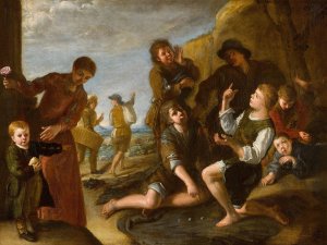 Boys playing dice, a presentation modello by Pedro Nunez De Villavicencio Oil Painting