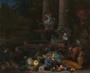 Still Life with Vegetables before a Draped, Overturned Plinth by an Ornamental Fountain by Peeter Gijsels Oil Painting