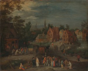 Village with a Puppeteer Entertaining a Small Crowd by Peeter Gijsels Oil Painting