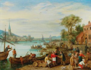 A river landscape with a harbour scene by Peeter Gysels Oil Painting