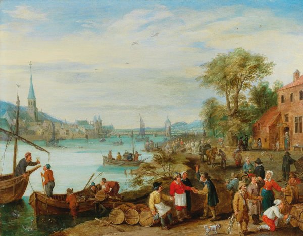 A river landscape with a harbour scene by Peeter Gysels - Hand-Painted Oil Painting Reproduction