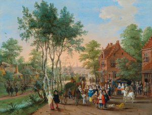 Elegant travellers visiting a village by a river by Peeter Gysels Oil Painting