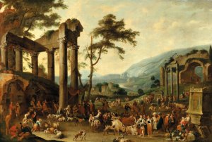 An italianate landscape with a market scene by Peeter Van Bredael Oil Painting