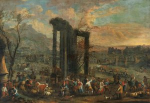 An Italianate landscape with a market scene by Peeter Van Bredael Oil Painting