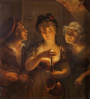 Girl Holding a Candle Standing between a Fiddler and an Old Woman by Pehr Berggren Oil Painting
