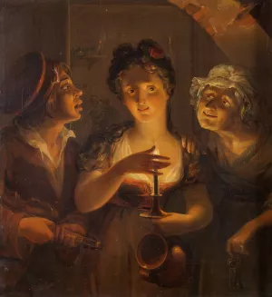 Girl Holding a Candle Standing between a Fiddler and an Old Woman by Pehr Berggren Oil Painting