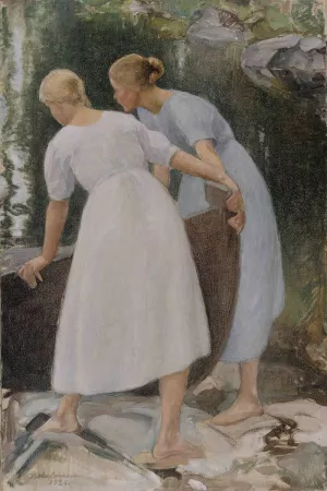 Girls Pushing A Boat by Pekka Halonen Oil Painting