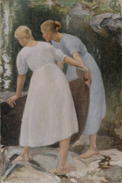 Girls Pushing A Boat  by Pekka Halonen - Hand-Painted Oil Painting Reproduction