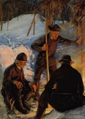 Lumberjacks around a Campfire by Pekka Halonen Oil Painting