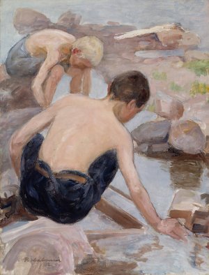 Two Boys On The Shore by Pekka Halonen Oil Painting