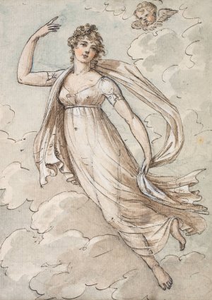Woman floating in the sky, observed by a cherub by Peltro William Tomkins Oil Painting
