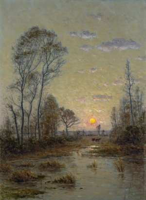 Two Cows in an Evening Landscape by Per Ekstrom Oil Painting