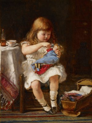 An Anxious Mother by Percival De Luce Oil Painting