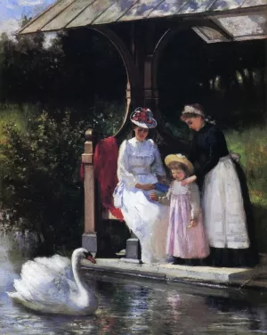 Feeding Swans, Central Park by Percival Deluce - Oil Painting Reproduction