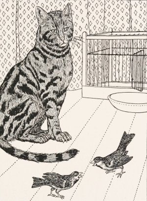 The Cat and the Two Sparrows by Percy J. Billinghurst Oil Painting