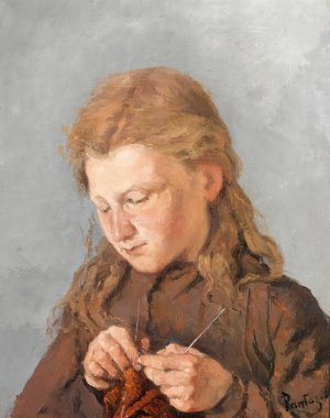 Young Girl Knitting by Pericles Pantazis Oil Painting