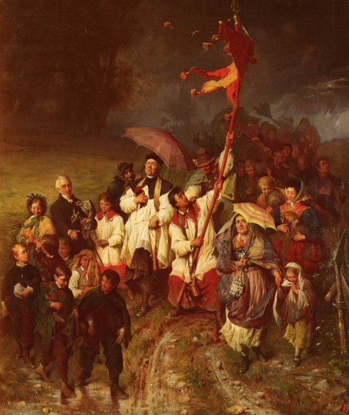 Der Erhorte Bittgang. Eine Prozession Vom Regen Uberrrascht by Peter Baumgartner - Hand-Painted Oil Painting Reproduction
