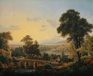 Hilly Landscape with River and Bridge by Peter Birmann Oil Painting