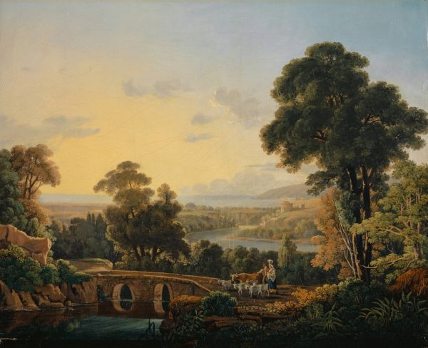 Hilly Landscape with River and Bridge by Peter Birmann - Hand-Painted Oil Painting Reproduction