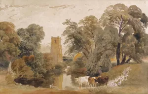 Landscape with cattle, geese, a lady washing clothes beside a river and a church tower beyond by Peter De Wint Oil Painting