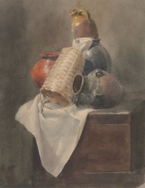 Still Life; Pots, Basket and Cloth on a Chest by Peter Dewint Oil Painting