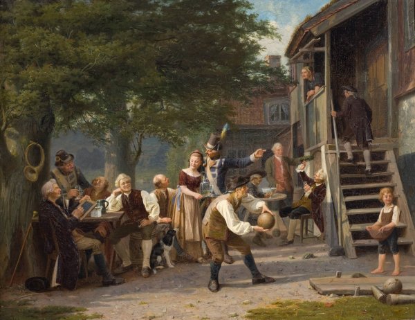 Skittles at Faggen's. Scene from Fredman's Epistle 55 by Bellman  by Peter Eskilson - Hand-Painted Oil Painting Reproduction