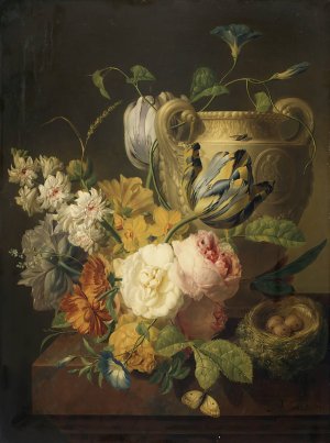 Flowers by a Stone Vase by Peter Faes Oil Painting