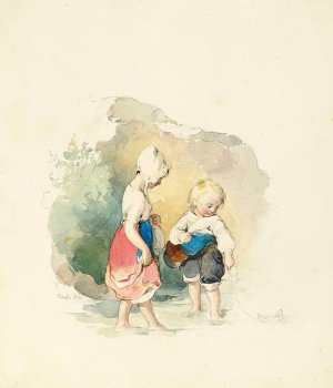 Children paddling by the rocks by Peter Fendi Oil Painting