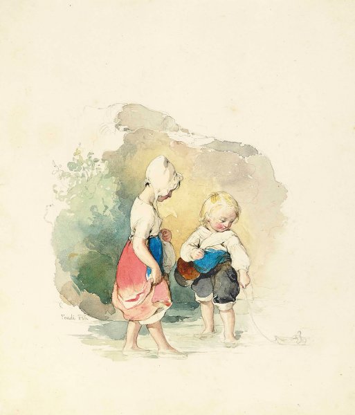 Main Product Photo of Children paddling by the rocks Painting by Peter Fendi