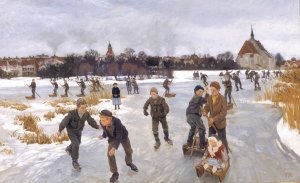 Children skating outside Faborg by Peter Hansen Oil Painting