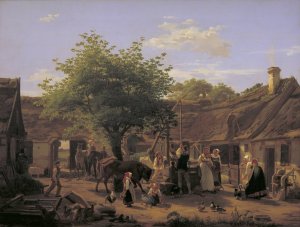 Billede af livet i en sjaellandsk bondegard ved middagstid by Peter Julius Larsen Oil Painting