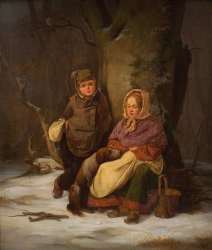 To fattige born by Peter Julius Larsen Oil Painting