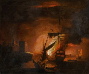 A ship on fire at night by Peter Monamy Oil Painting