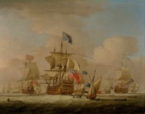 British Men-of-War and a Sloop by Peter Monamy Oil Painting