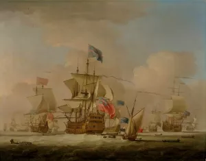 British Men-of-War and a Sloop by Peter Monamy Oil Painting