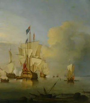 British Men Of War At Anchor With The Royal George Firing A Salute by Peter Monamy - Oil Painting Reproduction