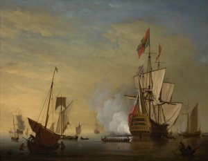 Harbor Scene; An English Ship with Sails Loosened Firing a Gun by Peter Monamy Oil Painting