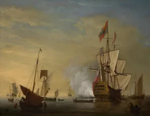 Harbor Scene; An English Ship with Sails Loosened Firing a Gun by Peter Monamy Oil Painting