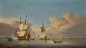 The evening gun; Men-o'-War and barges in a calm sea by Peter Monamy Oil Painting