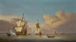 The evening gun; Men-o'-War and barges in a calm sea by Peter Monamy Oil Painting