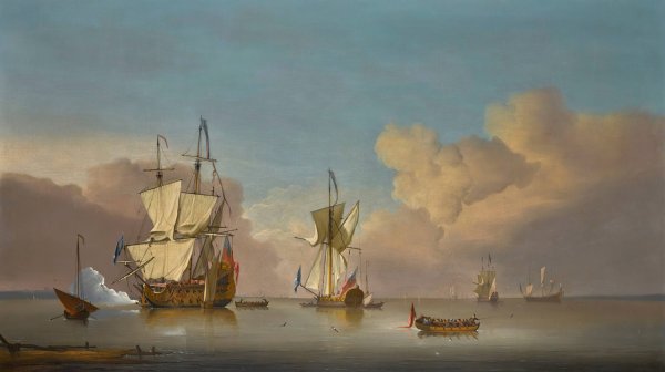 Main Product Photo of The evening gun; Men-o'-War and barges in a calm sea Painting by Peter Monamy