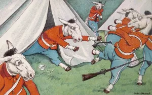 A mule broke out with chicken-pox - broke out his tent, you see Oil painting by Peter Newell