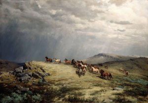 Horses in the Mountains by Peter Nicolai Arbo Oil Painting
