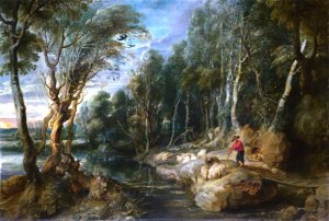 A Shepherd and His Flock in a Woody Landscape