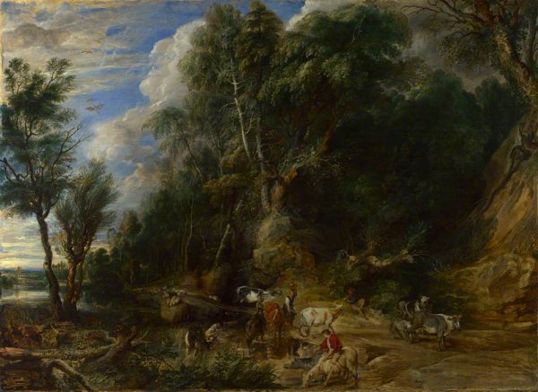 Peasants with Cattle by a Stream in a Woody Landscape also known as The Watering Place by Peter Paul Rubens - Hand-Painted Oil Painting Reproduction