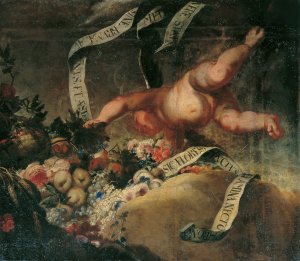 Putto mit Blumen, Fruchten und Spruchband by Peter Strudel Oil Painting